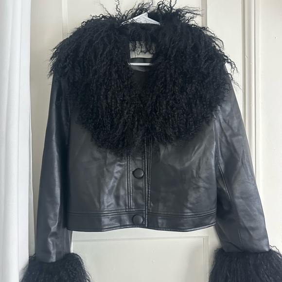 Charlotte Simone Jackets & Blazers - Women's Black Faux Leather Jacket with Curly Faux Fur Collar and Cuffs